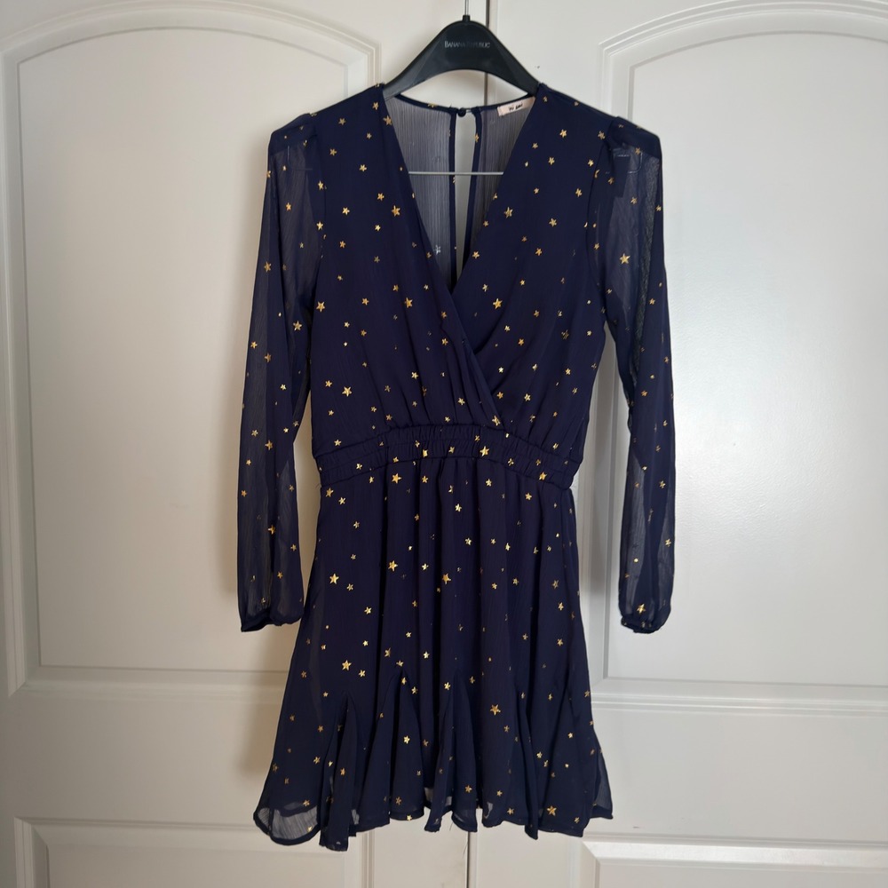 Mi Ami Navy Blue Gold Star Print Mini Dress Long Sleeve V-Neck Ruffle Small